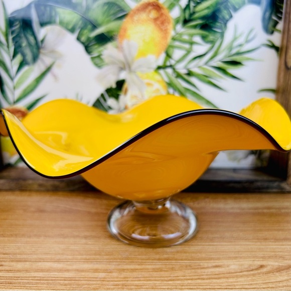 Vintage Other - Vintage Amber Glass Wide Compote Bowl Pedestal Midcentury Décor Statement Piece